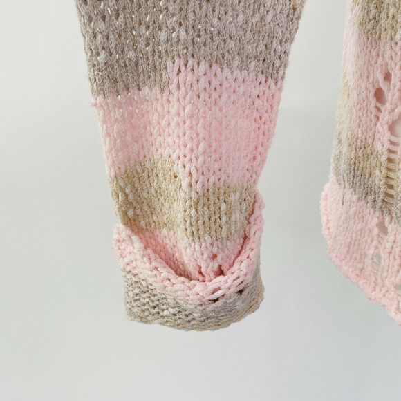 WILDFOX Cardigan Women size XS Pink Beige Distressed Striped Open Knit Sweater - Picture 3 of 7